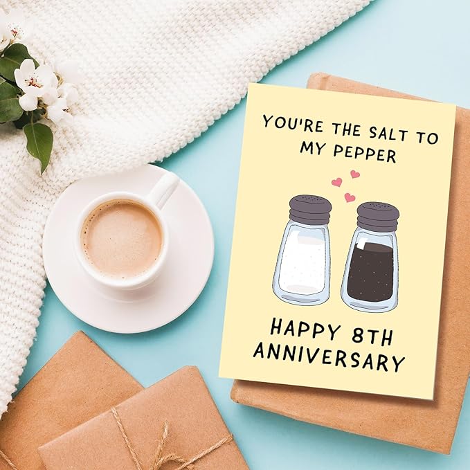 Funny 8 Years Anniversary Card for Husband Wife, Happy 8th Anniversary Card for Him Her, Hilarious Bronze Wedding Anniversary Card, You're the Salt to My Pepper