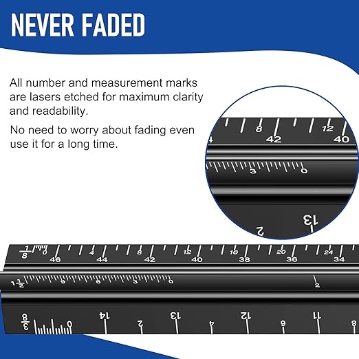 Architectural Scale Ruler for Blueprint, 12'' Metric Metal Engineers Triangle Drafting Ruler with Imperial Measurements for Architects Engineering, Artists, Draftsman Drawing, Laser-Etched Markings