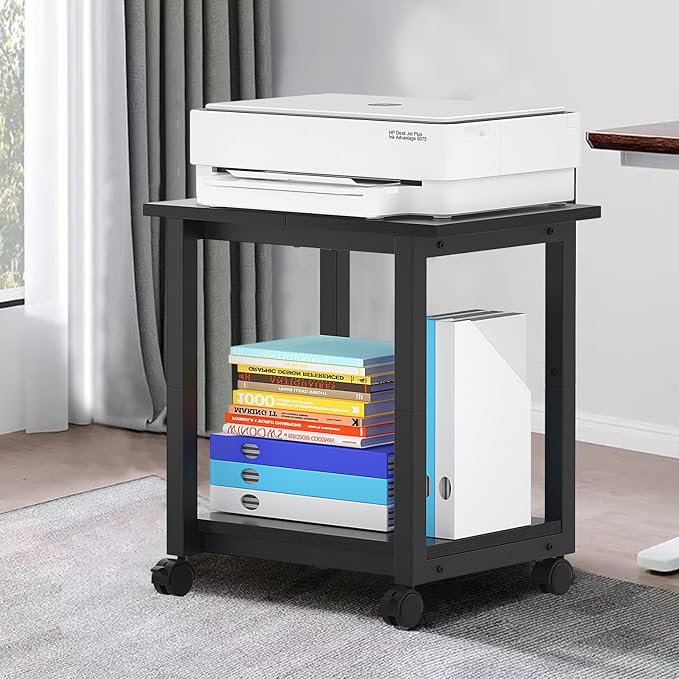Under Desk Printer Stand, 2-Tier 19.5''x 16''x 22'' Rolling Printer Stand Storage Shelves for Printer, Scanner, Fax Machine, Files, Books with Anti-Skid Feet for Home, Office, Black