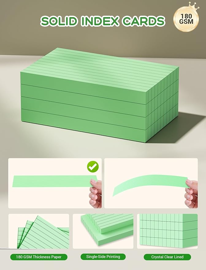 Green Index Cards 3x5 Ruled Note Cards, 200 PCS Lined Index Cards Flashcards, 180 GSM Heavyweight Notecards 3x5 Lined Flash Cards for Studying School Notes Taking, 3 x 5 Index Card Ruled Study Cards