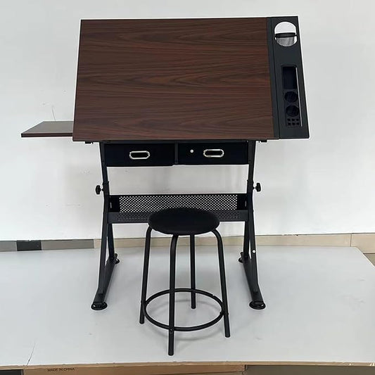 Drafting Table Art Desk Drawing Table Height Adjustable Artist Table Tilted Tabletop w/Drafting Stool and Storage Drawer for Reading, Writing (One stools)