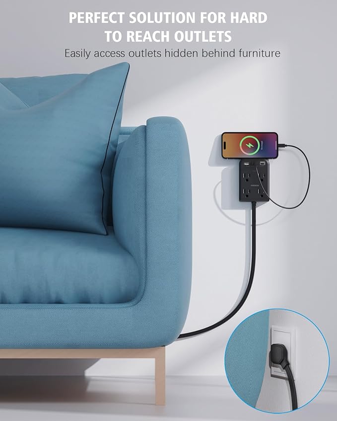 Flat Electrical Outlet Extender with USB C Ports, 4 Outlet 3 USB Wall Plug, 6 ft Ultra Thin Extension Cord, Flat Plug Power Strip Surge Protector for Home, Office. Black