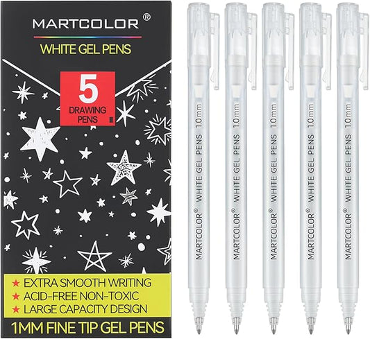 White Gel Pens, 5 Pack, 1 mm Extra Fine Point Gel Ink Pen, Opaque Archival Ink Pens for Black Paper Drawing, Art Highlight, Sketching, Illustration, Card Making