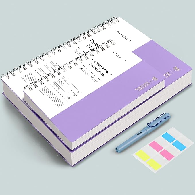 EMSHOI A4 Spiral Notebook Bullet Dotted Journal, 11.2" X 8.27", 300 Pages/150 Sheets, 100gsm Dot Grid Paper, Waterproof Softcover, Twin-Wire Binding, for School Work Writing Note Taking-Purple