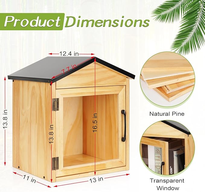 Outdoor Library Box Literature Exchange Box Outdoor Book Storage Little Wood Cabinet for DIY, Neighborhoods Community and Schools Sharing Books, Literature and Newspapers (13x11x16 Inch)