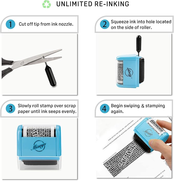 Miseyo Identity Theft Protection Roller Stamp Set - Blue (6 Refill Ink Incleded)