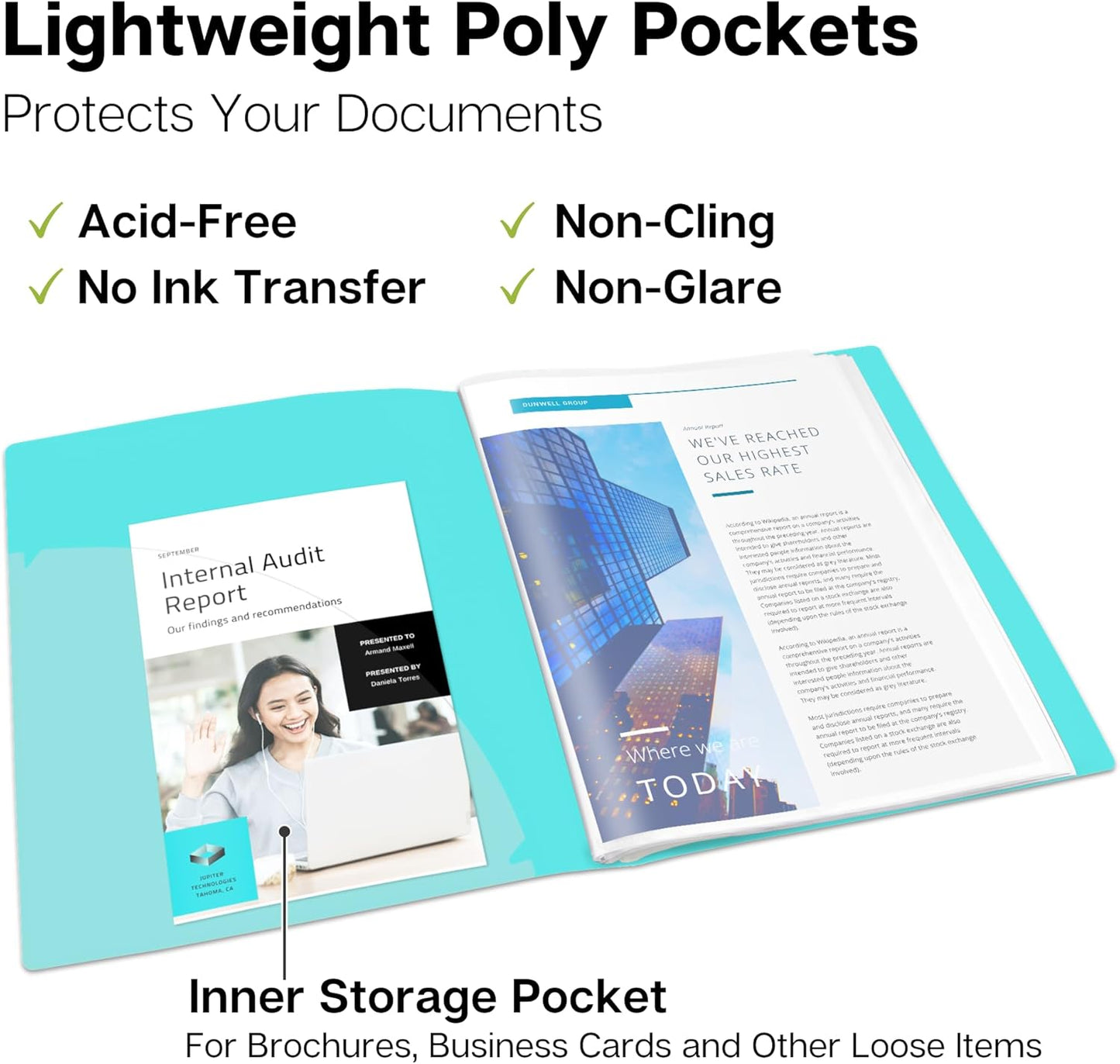 Dunwell Presentation Binder 48-Pocket, Displays 96 Pages, 8.5x11 Portfolio Binder with Plastic Sleeves, Storage and Organizer for Documents, Photos, Kids Artwork, Projects, Recipes (Aqua)