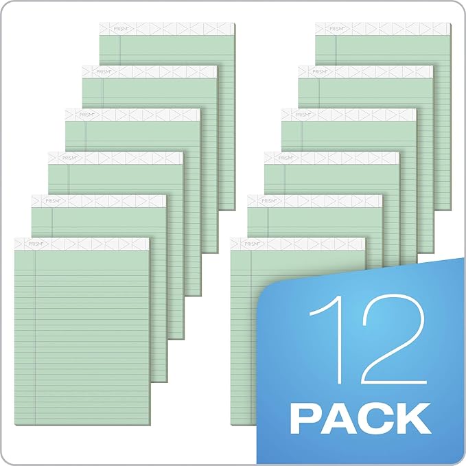 TOPS Prism Writing Pads, 8-1/2" x 11-3/4", Legal Rule, Green, Perforated, 50 Sheets, 12 Pack (63190)
