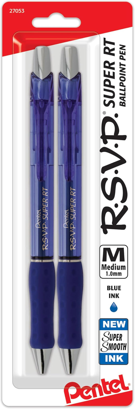 Pentel RSVP Super RT Ballpoint Pen, (1.0mm) Medium Line, Blue Ink, 2-Pk - BX480BP2C