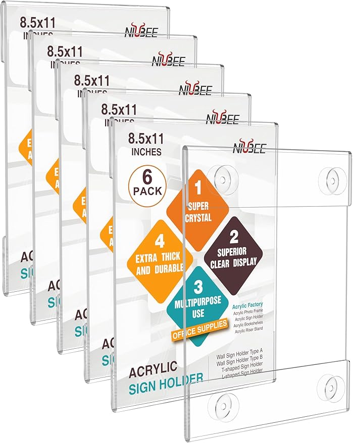 NIUBEE Acrylic Window Sign Holder with Suction Cup 8.5 X 11, Clear Acrylic Frames Glass Door Wall Mount Advertising Signage Sign Holder for Mall, Office, Home, Store, Restaurant(6 Pack)