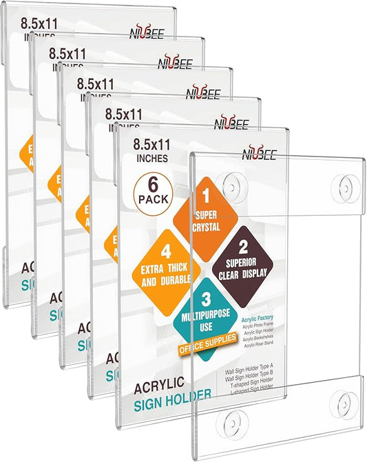 NIUBEE Acrylic Window Sign Holder with Suction Cup 8.5 X 11, Clear Acrylic Frames Glass Door Wall Mount Advertising Signage Sign Holder for Mall, Office, Home, Store, Restaurant(6 Pack)