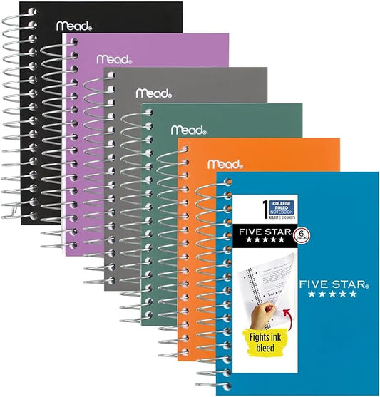 Five Star Spiral Notebooks, 6 Pack, Fat Lil' Pocket Notebooks, College Ruled Paper, 3-1/2" x 5-1/2", Small, 200 Sheets, Purple, Orange, Green, Blue, Gray, Black (38027)