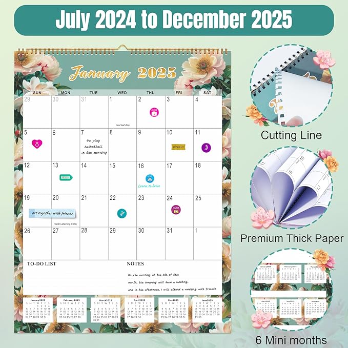Gannyfer 2025 Wall Calendar, Large Wall Calendar Jul 2024-Dec 2025, 18 Months 17"x22" Yearly Calendar with Plastic Cover, Thick Paper, Monthly Planner Hanging Calendars for Home School, or Office - State Floral (6 Funny Stickers)