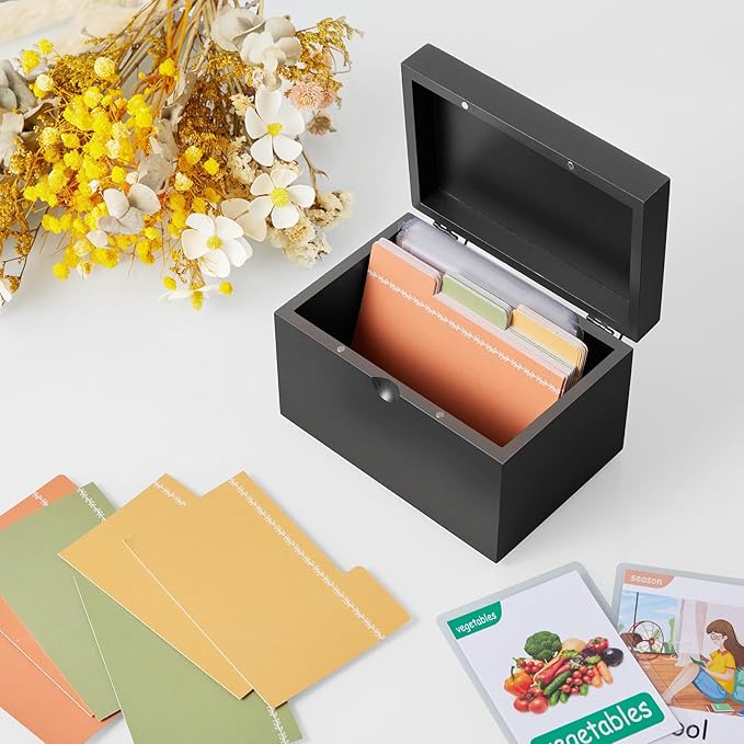 DRASTAR Index Card Holder 3x5, Wooden Index Card Organizer Box with 45 Index Card Dividers, Flashcard Notecard Holders for Home Office, Black