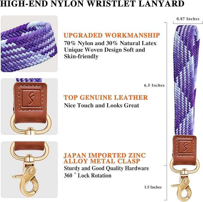 Fishent Stretchy Wristlet Keychain,Braided Cute Wrist Lanyards for Keys, Key Chain Holder for Women Men, Wrist Strap Keychain for Car Keys Phone Camera Wallet ID Badges Card (Gradient Purple)