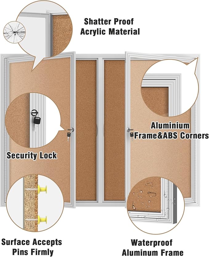 48"x36" Enclosed Bulletin Board, Outdoor Lockable Weather-Resistant Aluminum Cork Noticeboard for School & Office, Silver Frame w/Cork