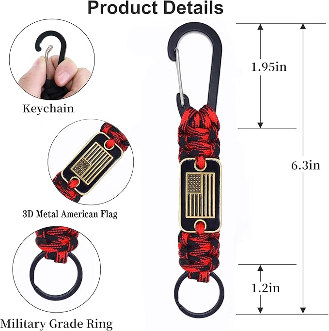 Paracord Keychain with USA Flag, Paracord Carabiner Keychain Clip, Braided Lanyard Utility Ring Hook Outdoor Camping Kit