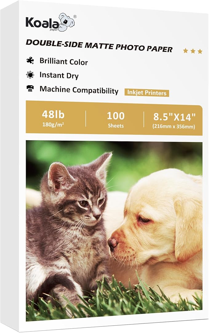 Koala Photo Paper Double-side Matte 8.5X14 Inches Compatible with Inkjet Printer 48LB for Presentation 100 Sheets 180GSM