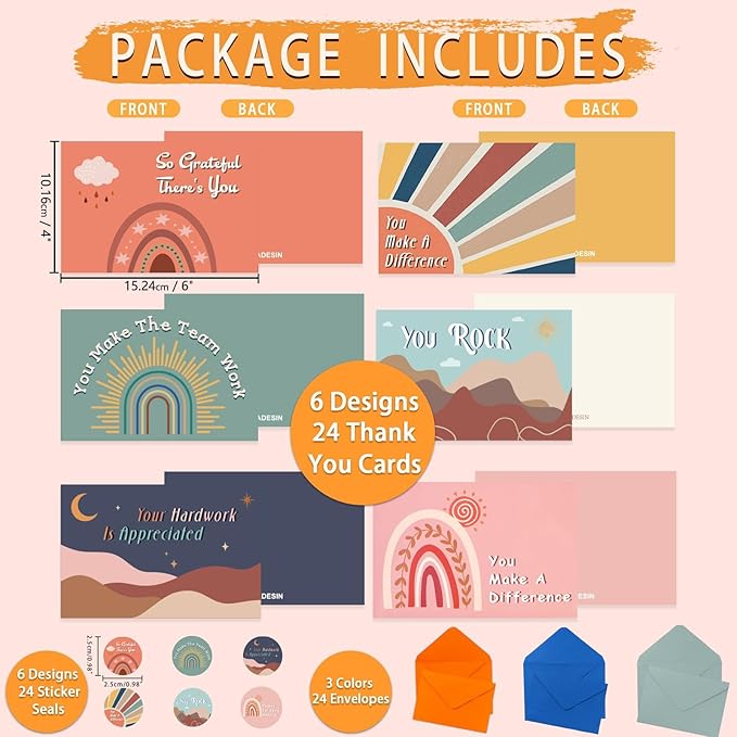 24 Pack Employee Appreciation Cards with Envelopes and Stickers, 6x4in Thank You Cards for Coworkers Recognition, Promotion, Work Anniversary Blank Inside, 6 Boho Designs