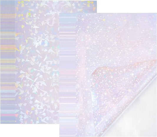 2 Types Transparent Holographic Overlay Lamination Vinyl A4 Size Self-Adhesive Laminate Waterproof Vinyl Sticker Paper, 20 Sheets 8.25 x 11.7 Inches