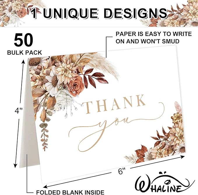 Whaline 50 Pack Boho Floral Thank You Cards Boxed Retro Flower Note Cards with Envelopes Stickers Fall Blank Cards for Thanksgiving Bridal Shower Baby Shower Wedding Supplies, 4 x 6 Inch