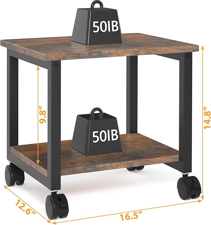 Under Desk Printer Stand, 2-Tier 16.5''x 12.6''x 14.8'' Rolling Printer Stand Storage Shelves for Printer, Scanner, Fax Machine, Files, Books with Anti-Skid Feet for Home, Office, Brown