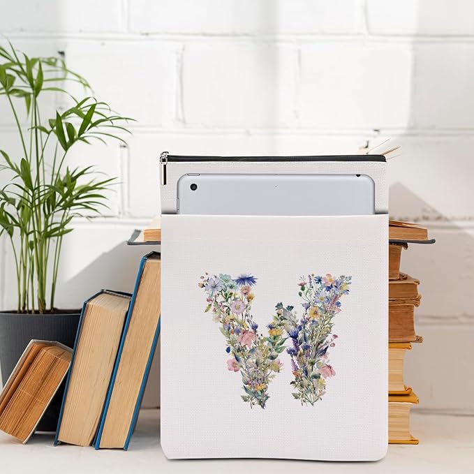 Monogrammed Book Sleeve Floral W Initial Book Pouch Book Accessories Book Lovers Gifts Waterproof Book Cover Book Protector Bookish Gifts Personalized Gifts for Women Girls Readers Bride Wife