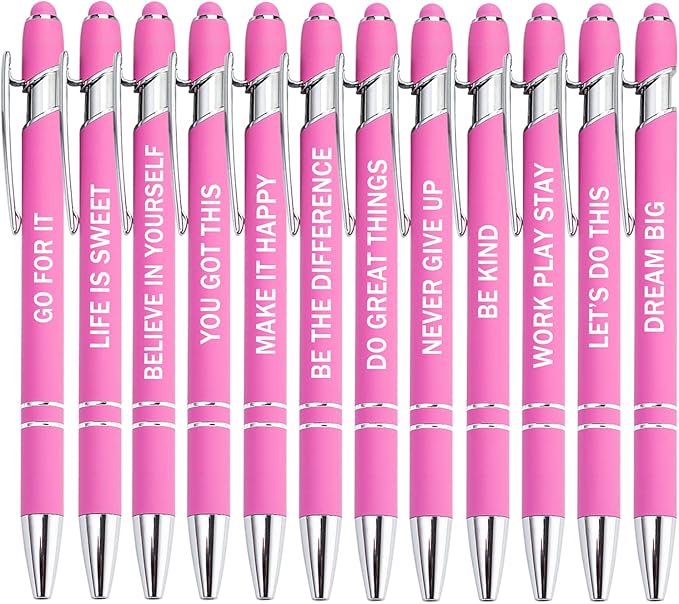 PASISIBICK 12 Pieces Pink Inspirational Motivational Quotes Snarky Screen Touch Stylus Ballpoint Pens, Office Encouraging Scriptures, Black Ink (Pink,Motivational)