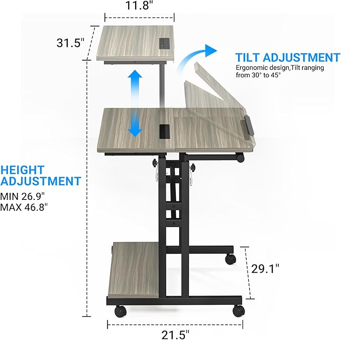 Panta Mobile Standing Desk, Adjustable Rolling Computer Desk with 3 Desktops, Portable Laptop Table with Desk Cup Holder, Home Office Laptop Workstation on Lockable Wheels,Grey Oak