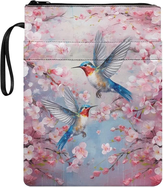 COEQINE Aesthetic Hummingbirds Book Sleeve Pink Cherry Blossom Birds Book Covers for Book Lovers Portable Chain for Library Front Pocket