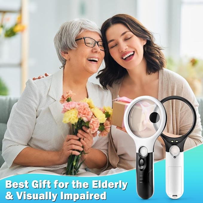 Compact Magnifying Glass with Lights,45X 10X 5X Small Handheld Lighted Magnifier, 3 LED Light Magnifying Glass for Reading Small Prints & Low Vision Seniors 2 Pack B&W