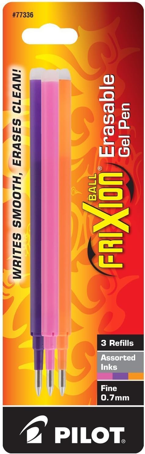 Pilot, FriXion Ball Gel Ink Refills for Erasable Pens, Fine Point 0.7 mm, Pack of 3, Pink, Purple & Turquoise
