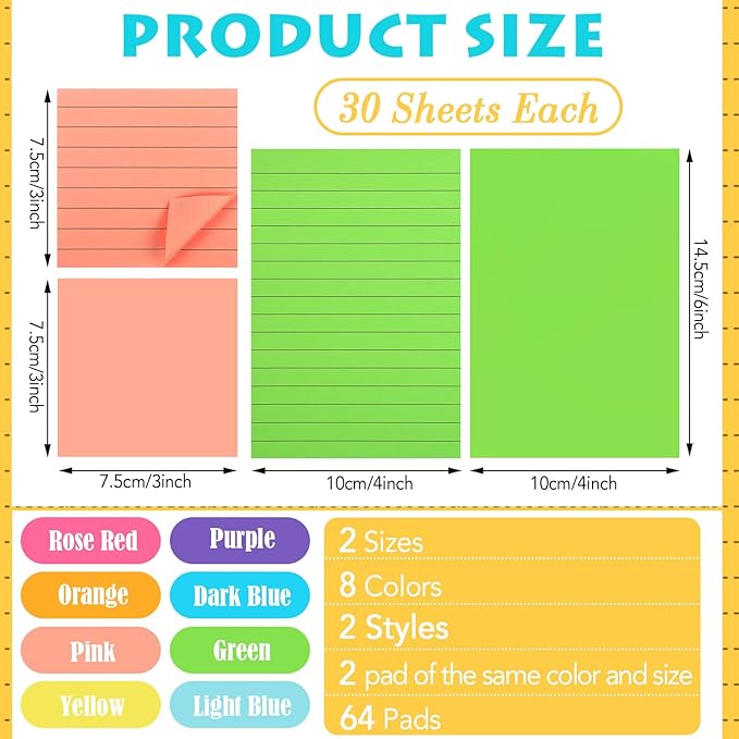 Yexiya 64 Pcs Lined Sticky Notes Self Stick Notes with Lines Bright Assorted Colors Sticky Notes for Home Office Products Post Memos, 1920 Sheets(4 x 6 Inch, 3 x 3 Inch,Multi Color)