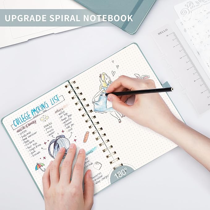 AHGXG Bullet Dotted Journal Spiral Notebook, Hardcover Leather Dotted Notebook 140 Pages, A5 Dot Grid Paper Notebook, 100 gsm Thick Paper, for Bullet Journaling, 5.7" x 8.3", GrayBlue