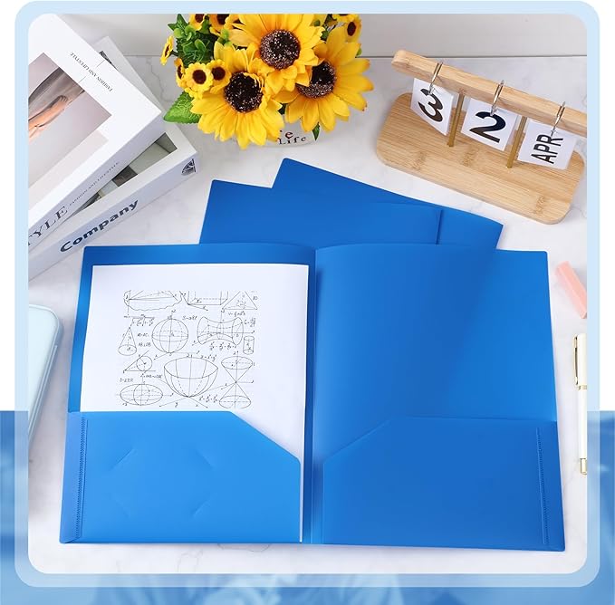 Gueevin 50 Pcs Plastic Folders with Pockets, Two Pocket Folder Fit Letter Size, Heavy Duty School Business Card Holder for Home Office School Bussiness, 11.61 x 9.45 Inches (Blue)