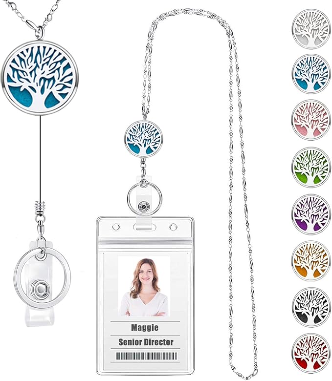 Retractable Lanyard for ID Badges Holder Badge Reels Retractable for Nurses Diffuser Necklace Lanyards for Women Silver Stainless Steel Chain Lanyard for Teacher Office Worker Tree of Life