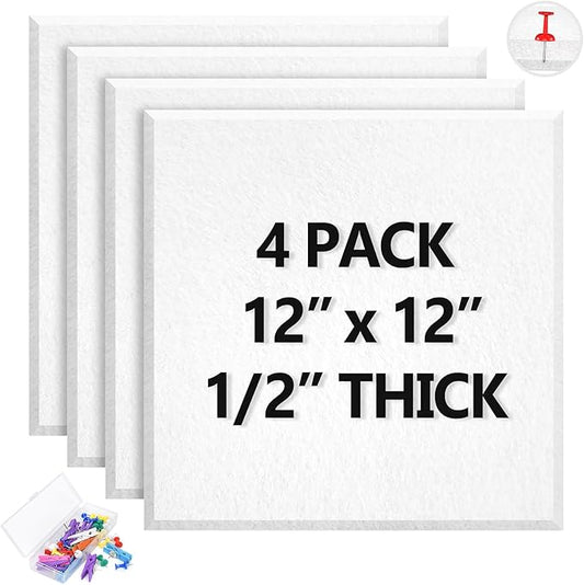 4 Pack Cork Board Tiles 12x12 Inches, 1/2" Thick Felt Cork Squares with 30 Push Pins, Bulletin Board Pin Board, Adhesive Cork Board for for Wall for Home, Office, and Kitchen (White)
