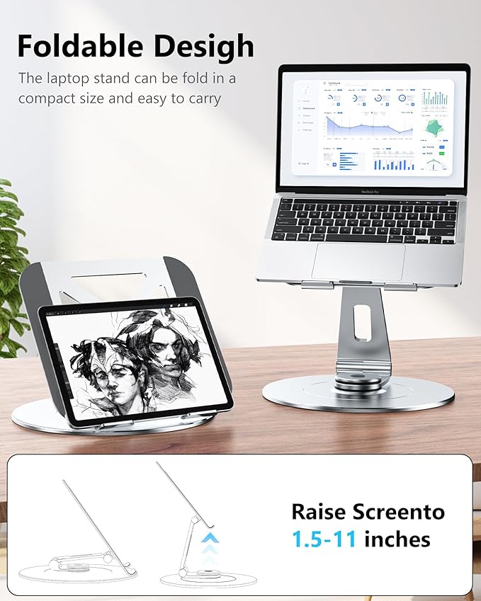 High-End Laptop Stand for Desk with 360 Rotating Base, Ergonomic Protable Laptop Riser for Collaborative Work, Aluinum Computer Notebook Stand Holder for MacBook Air Pro, Dell, XPS, HP up to 17 Inches