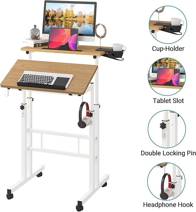 Klvied Stand Up Desk on Wheels, Portable Computer Desk for Home Office,Rolling Desk for Laptop with Removable Cup Holder, Adjustable Laptop Cart for Standing or Sitting,Khaki