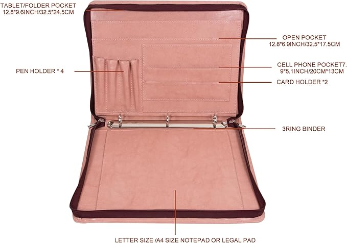 AZXCG Portfolio for Women, 3 Ring Binder Padfolio, Vegan Leather Office Binders Portfolio, Zippered Business Binder Folio Organizer, A4 Legal Pads Clipboard Padfolio, Gift for Women/Girls, Pink