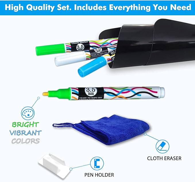 Magnetic Black Dry Erase Board Sheet 17" x 11" for Fridge, Easy to Read with 3 Bright Colors Chalk Markers, Small Refrigerator Magnet Whiteboard for Family Planner Grocery List