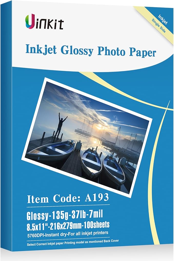 Uinkit 37lb Thin Flyer Paper Glossy 8.5x11 Inkjet 100 Sheets Single Side DIY Chip Bag 135gsm Photos Picture for Inkjet Printer with Dye Ink Letter size A4 Brochure