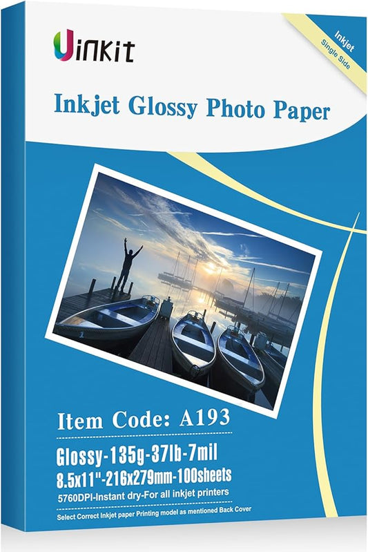 Uinkit 37lb Thin Flyer Paper Glossy 8.5x11 Inkjet 100 Sheets Single Side DIY Chip Bag 135gsm Photos Picture for Inkjet Printer with Dye Ink Letter size A4 Brochure