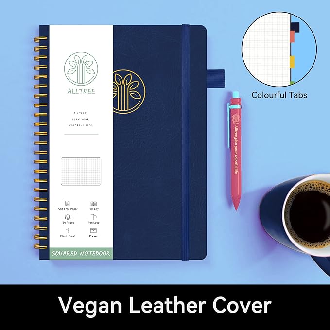 Alltree Large Graph Notebook Journal, Spiral Grid Notebook for Work, Hardcover Spiral Notebook with Pen Loop, Pocket, Stickers, 160 Pages, Journal for Women & Men, Navy Blue(6"x8.5")