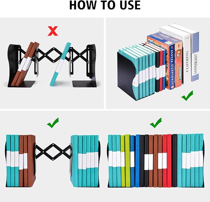 Adjustable Bookends, Metal Book Ends for Heavy Book, 2 Dividers, Nonslip Book Stander for Desk, Shelf, Office, Stationery Gift, Extends up to 19 inches (Black)