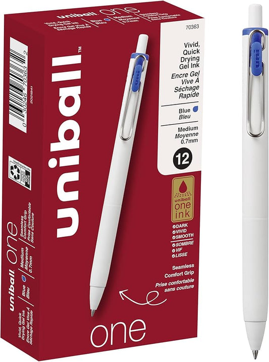 Uniball One Gel Pen, 12 Blue Pens, Medium Point 0.7 mm Gel Pens, Fine Point, Smooth Writing Pens, Home Office Supplies by Uni-ball, Colored Pens, Ink Pens, Ballpoint Pens, Bulk Pens for Journaling