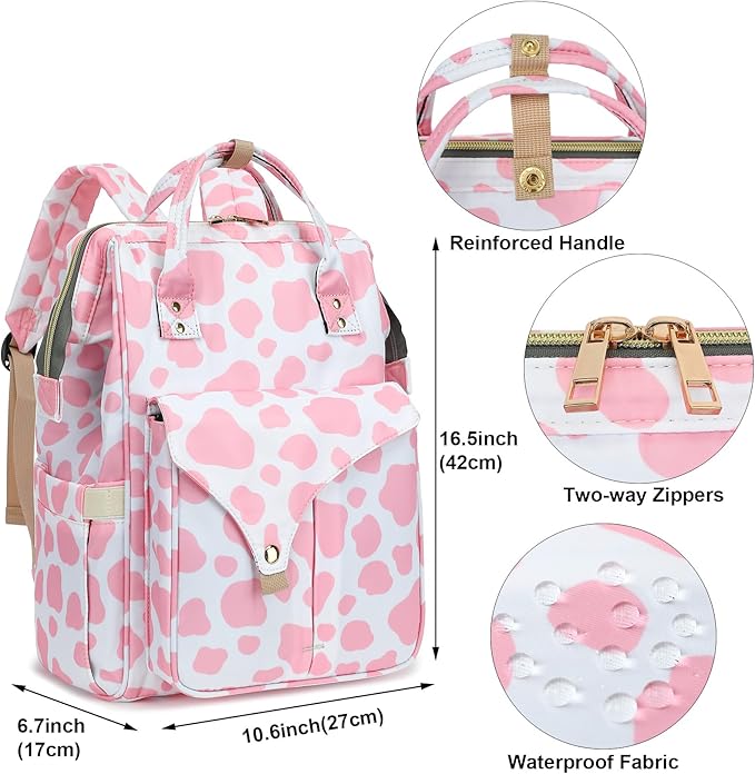 Cow Print Laptop Backpack College School Backpack Bookbags Nurse Backpacks Travel Bags for Women Girls Fits 15.6 Inch Notebook (Pink)