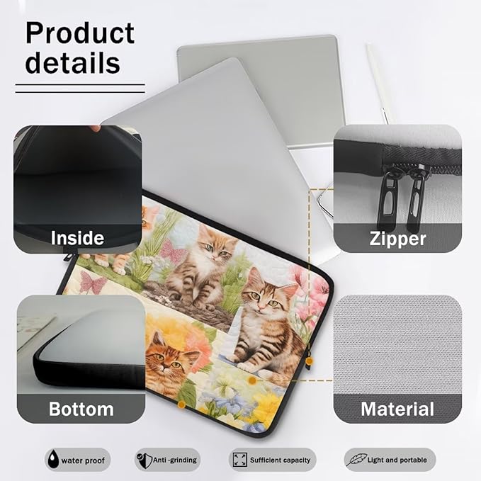 Cat Floral Printed Computer Case Bag for Girls Boys, Washable 17 Inch Laptop Bag Carrying Case Cute Laptop Briefcase Neoprene with Zipper, Compatible with Various Computers