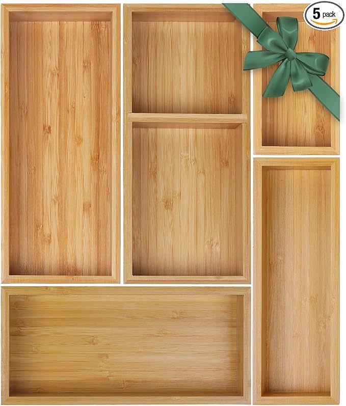 Bamboo Drawer Organizer Set, 5 PCS Multi-Use Individual Wood Storage Organizers, Junk Drawer Divider and Storage Trays Containers for Kitchen, Bathroom, Office Desk, Makeup, Jewelry, Utensils