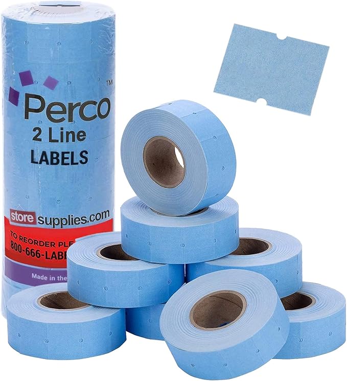 Perco 2 Line Blue Labels - 8 Rolls, 1 Sleeve, 6,000 Blank Price and Date Gun Labels for Perco 2 Line Price and Date Guns - Made in USA